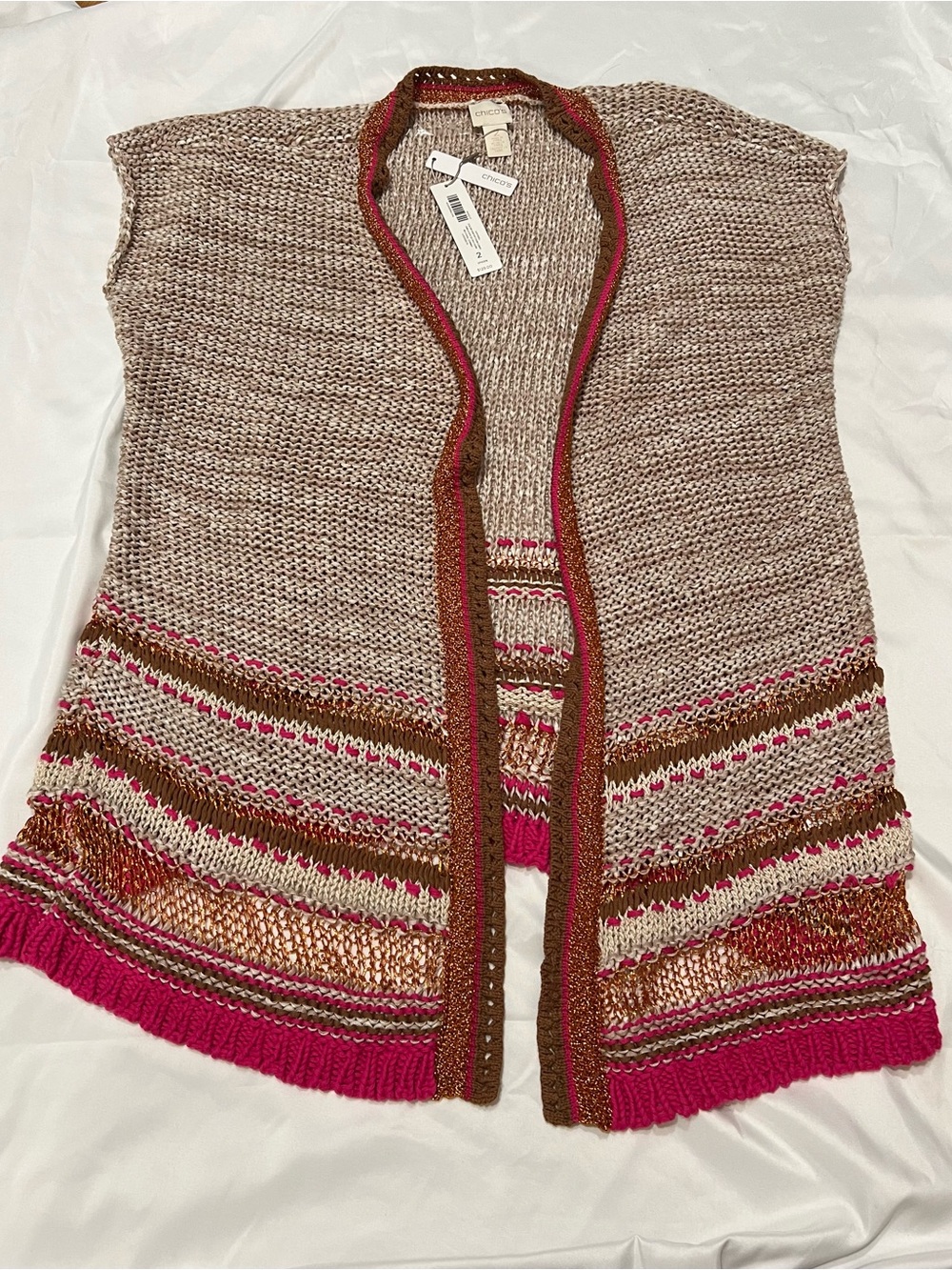 Chico's Open Knit Cardigan in Beige, Pink & Brown